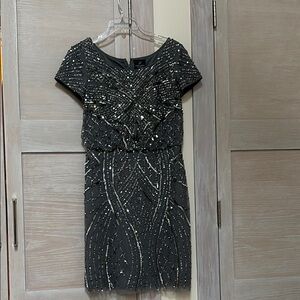 Adrianna Papell Silver Grey Beaded Dress Size 2